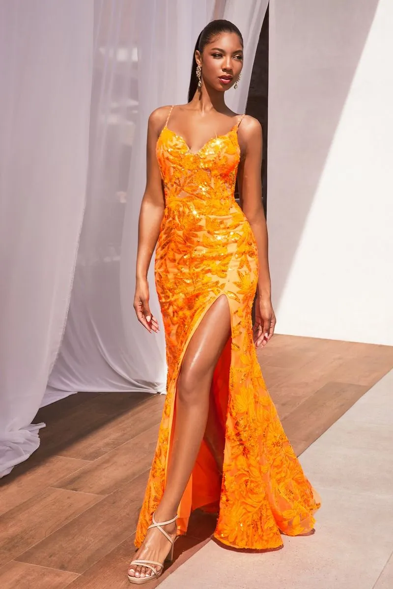 CD CM350 - Sequin Printed Fit & Flare Prom Gown with Sheer Corset Bodice Leg Slit & Lace Up Back