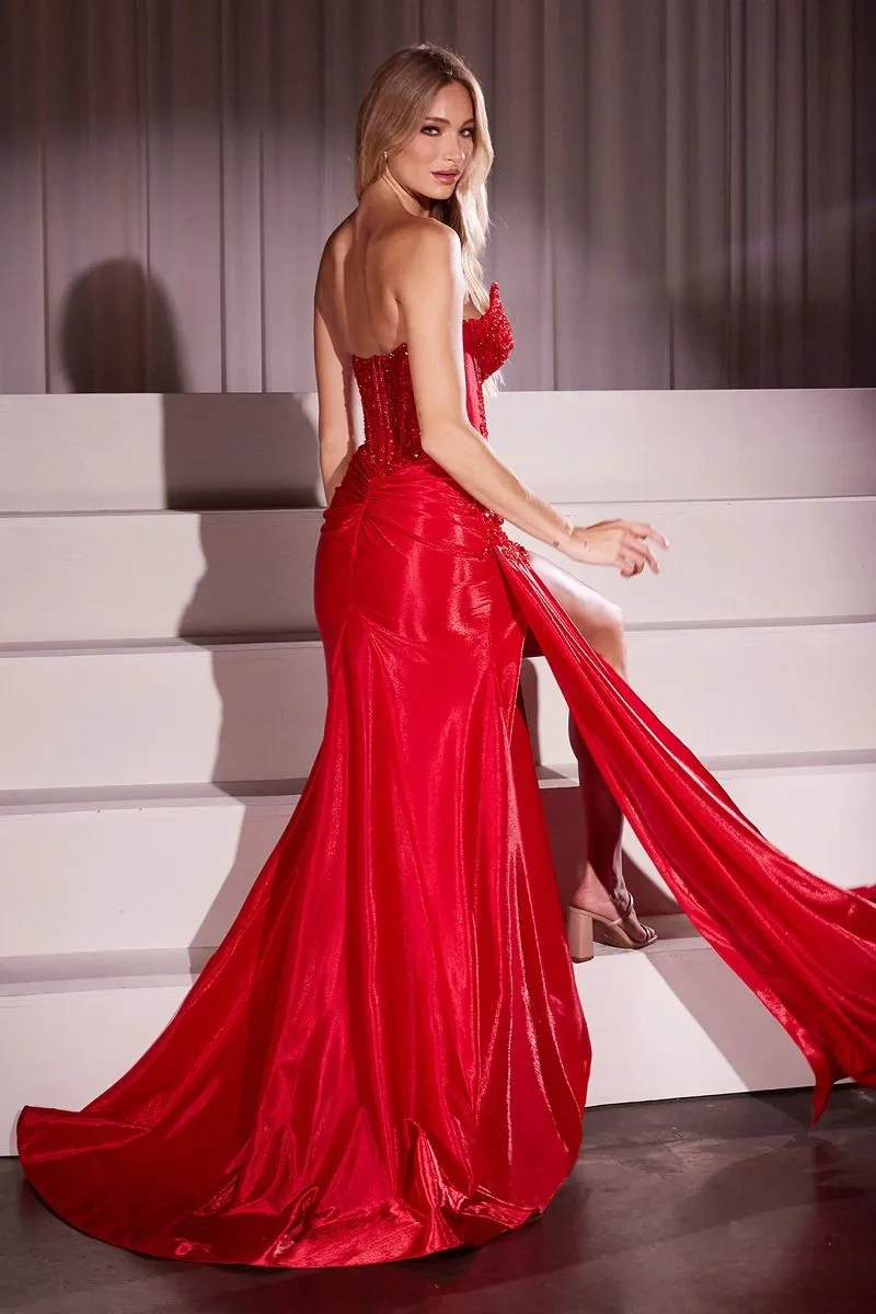CD CM369 - Strapless Shimmer Stretch Taffeta Fit & Flare Prom Gown with Sheer Beaded Lace Embellished Bodice & Leg Slit