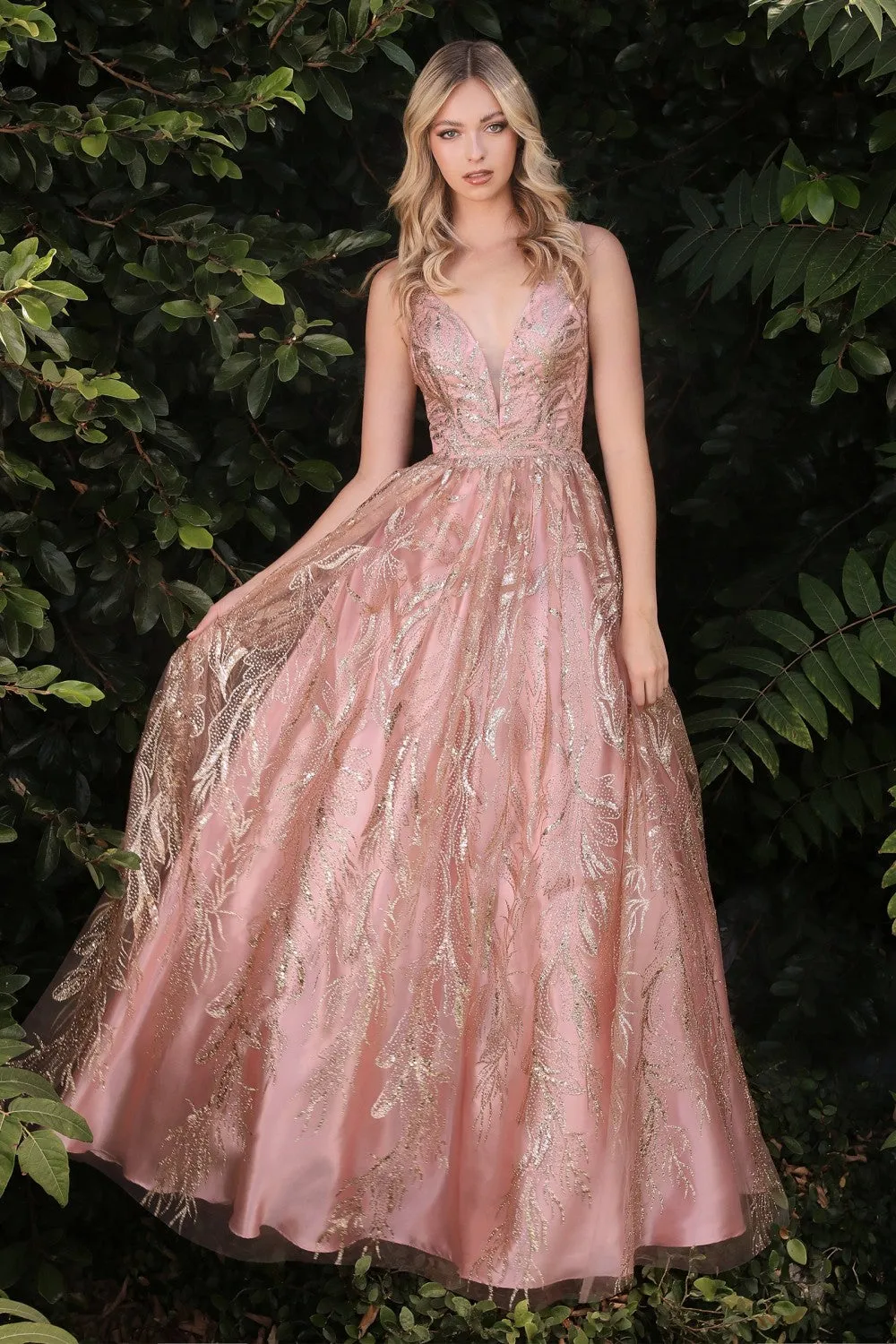 CD J812 - Glitter Print A-Line Prom Gown with V-Neck Bodice Accented Waist Sheer Under Arms & V-Back