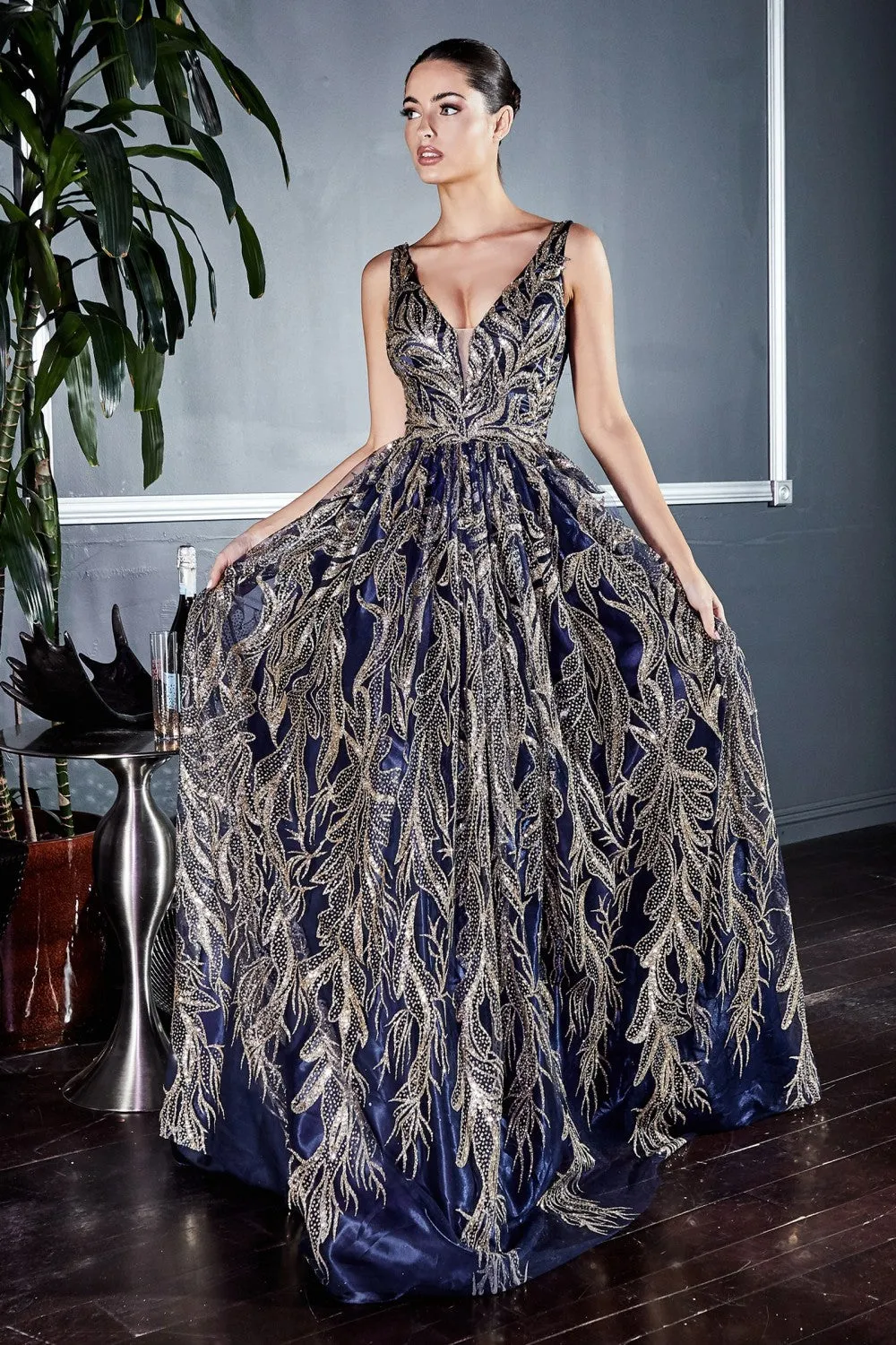 CD J812 - Glitter Print A-Line Prom Gown with V-Neck Bodice Accented Waist Sheer Under Arms & V-Back