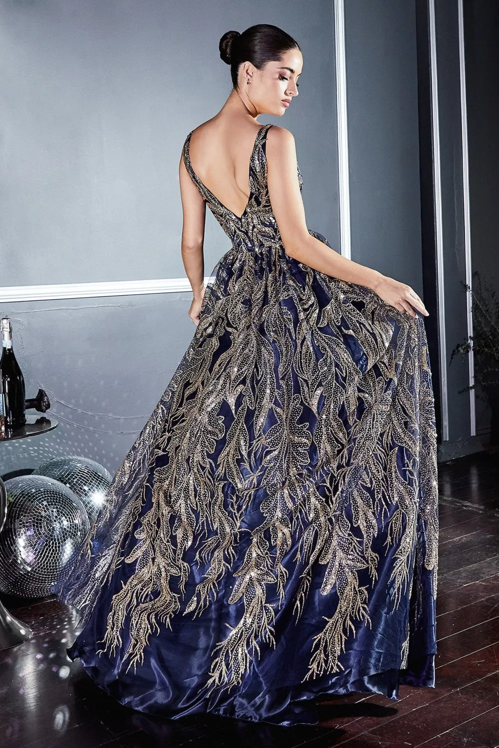 CD J812 - Glitter Print A-Line Prom Gown with V-Neck Bodice Accented Waist Sheer Under Arms & V-Back