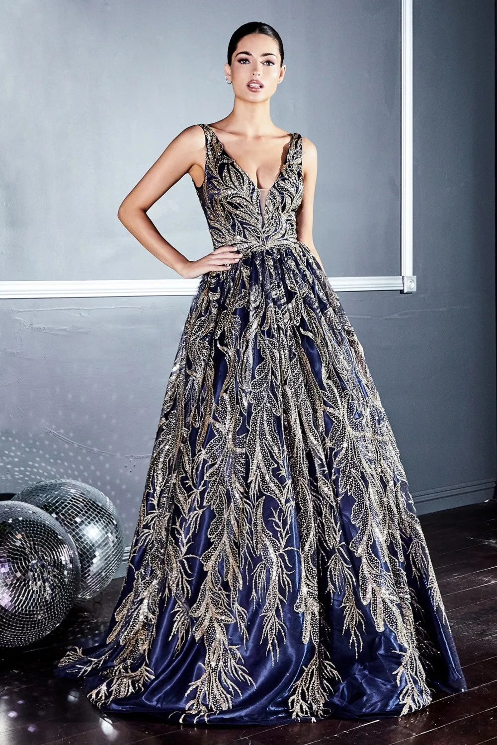 CD J812 - Glitter Print A-Line Prom Gown with V-Neck Bodice Accented Waist Sheer Under Arms & V-Back