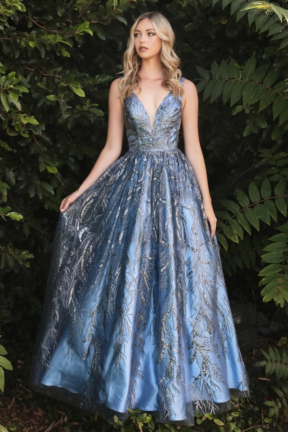 CD J812 - Glitter Print A-Line Prom Gown with V-Neck Bodice Accented Waist Sheer Under Arms & V-Back