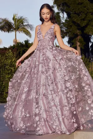 CD J838 - Glitter Print A-Line Prom Gown with 3D floral Applique & Sheer Boned Corset Bodice