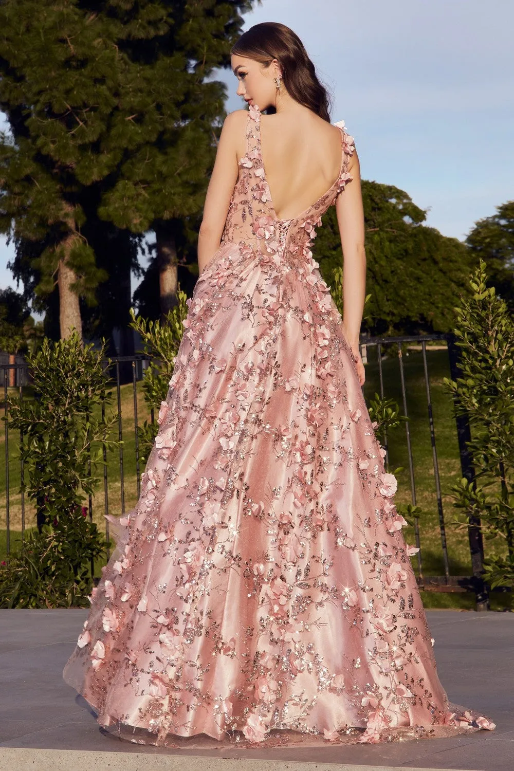 CD J838 - Glitter Print A-Line Prom Gown with 3D floral Applique & Sheer Boned Corset Bodice