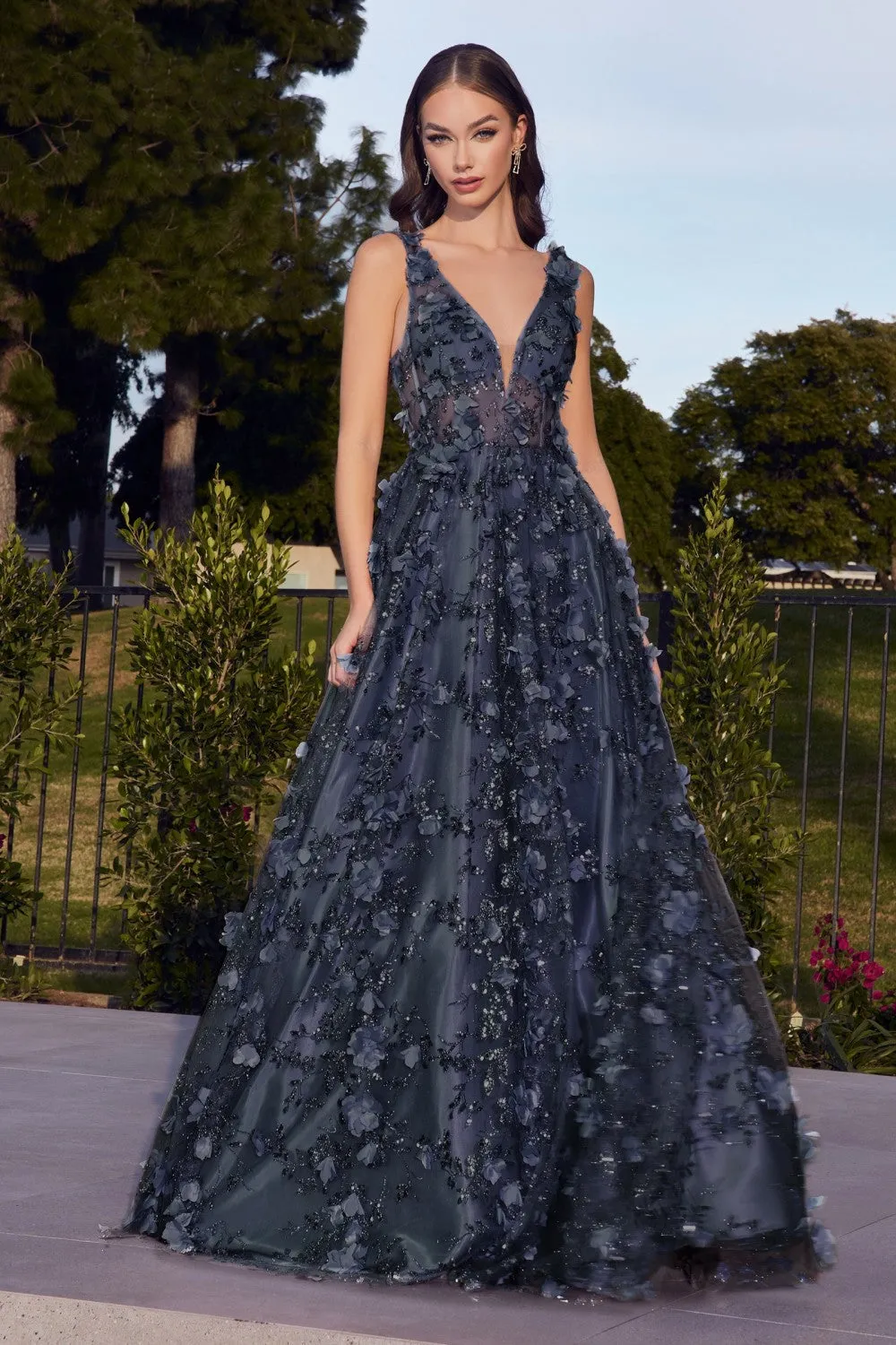 CD J838 - Glitter Print A-Line Prom Gown with 3D floral Applique & Sheer Boned Corset Bodice