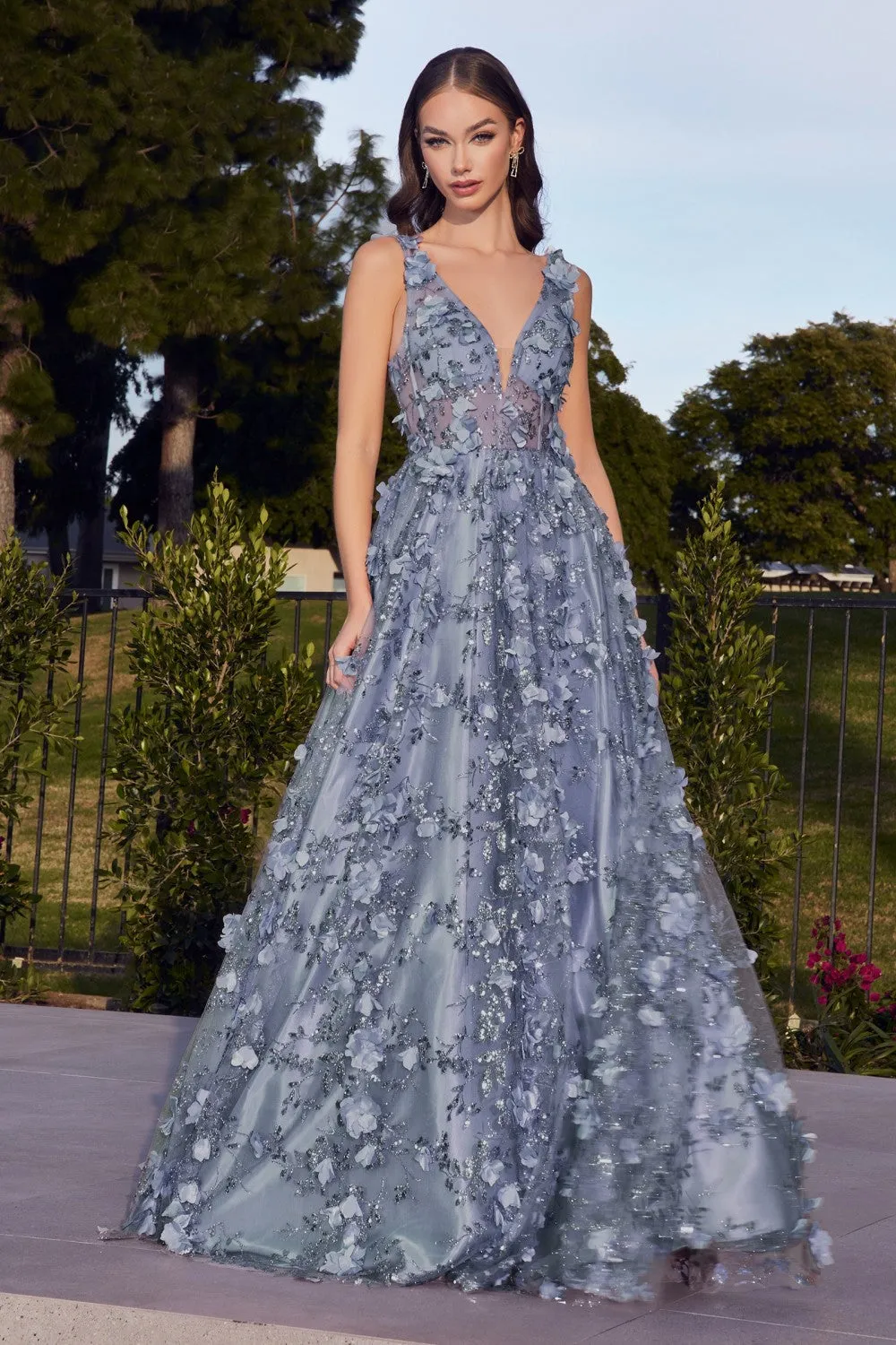 CD J838 - Glitter Print A-Line Prom Gown with 3D floral Applique & Sheer Boned Corset Bodice