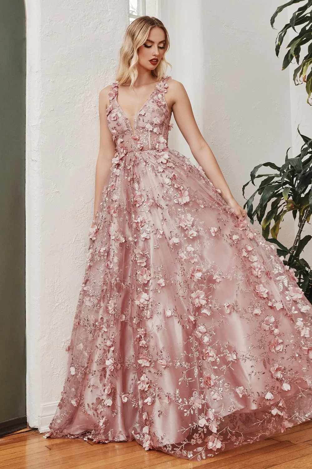 CD J838 - Glitter Print A-Line Prom Gown with 3D floral Applique & Sheer Boned Corset Bodice