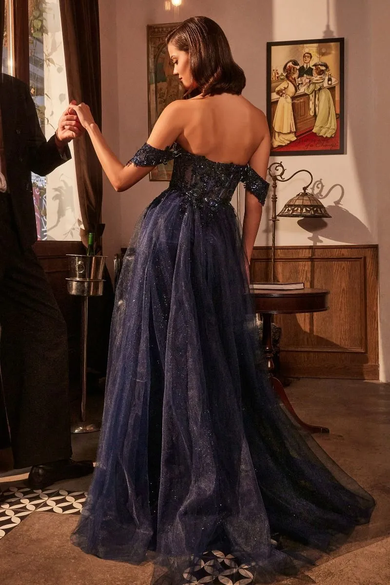 CD KV1126 - Off the Shoulder Layered Shimmer Tulle A-Line with Embellished Sheer Bodice & Leg Slit