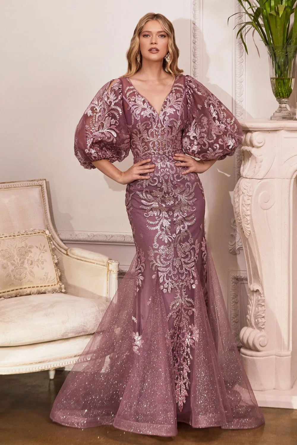 CD OC009 - Metallic Glitter Fit & Flare Prom Gown with Bead Accented Scroll Print 3/4 Sleeves & Sheer Boned  V-Neck Bodice
