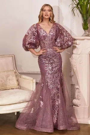 CD OC009 - Metallic Glitter Fit & Flare Prom Gown with Bead Accented Scroll Print 3/4 Sleeves & Sheer Boned  V-Neck Bodice