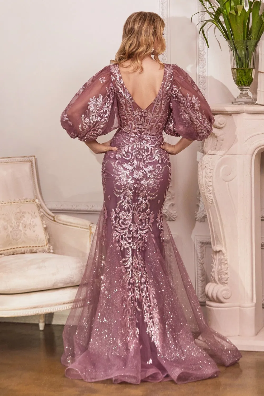 CD OC009 - Metallic Glitter Fit & Flare Prom Gown with Bead Accented Scroll Print 3/4 Sleeves & Sheer Boned  V-Neck Bodice