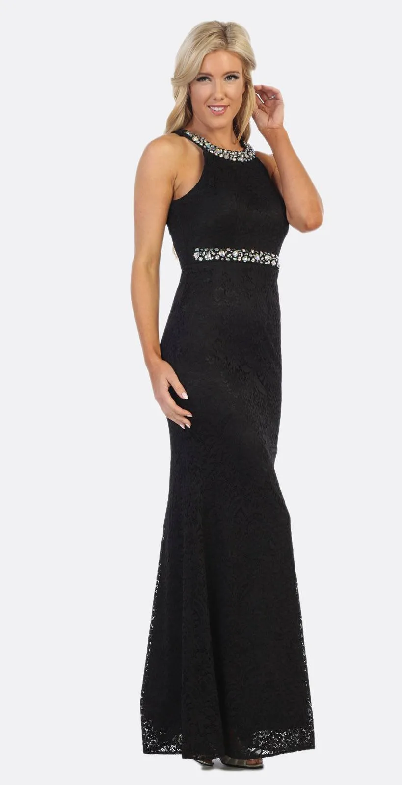 Celavie 6231 Halter Jeweled Neck and Waist Fit and Flare Lace Gown