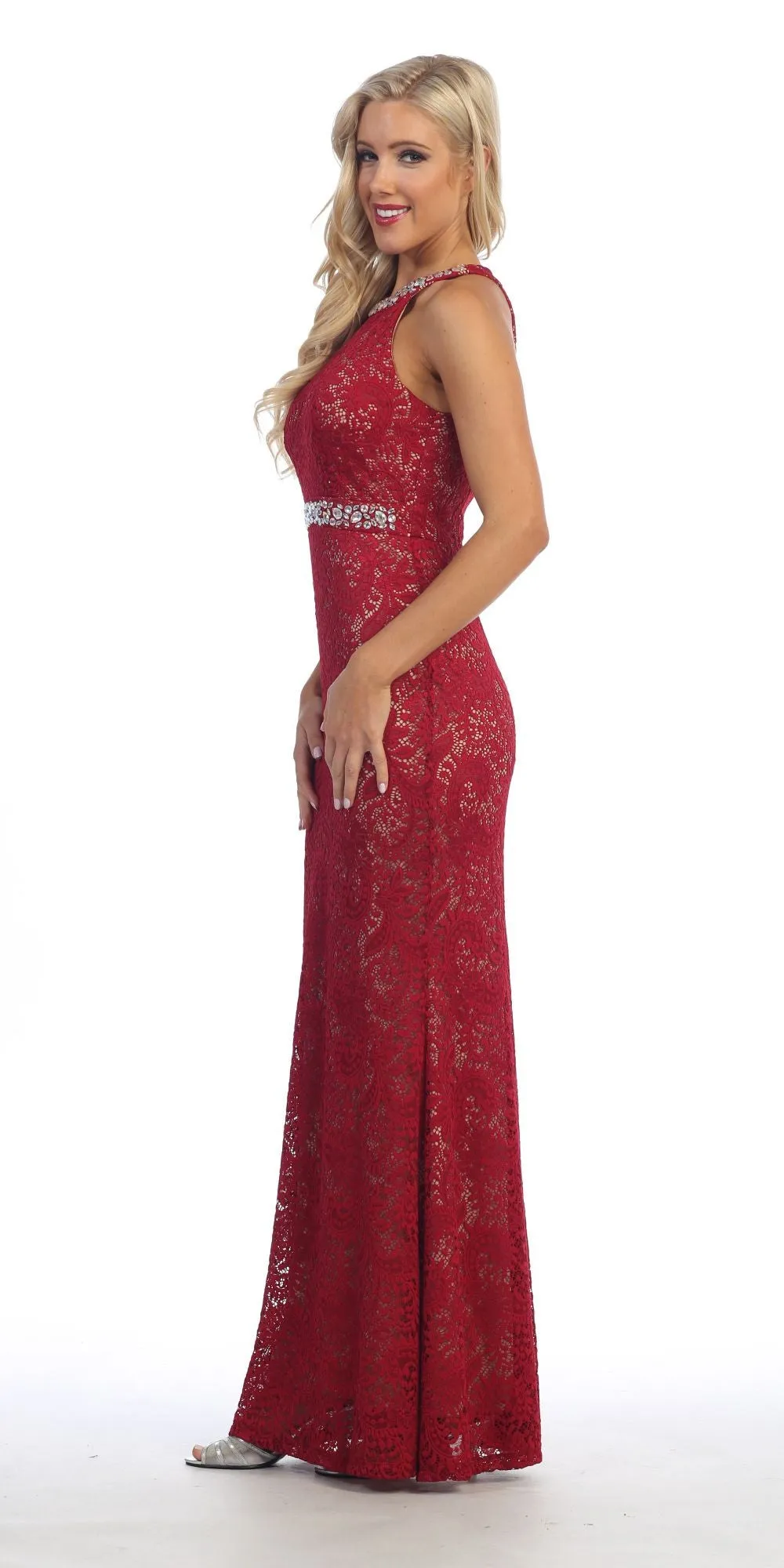 Celavie 6231 Halter Jeweled Neck and Waist Fit and Flare Lace Gown