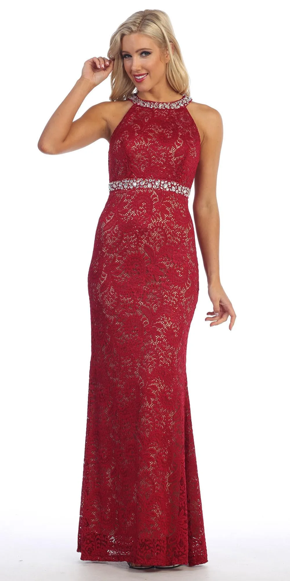 Celavie 6231 Halter Jeweled Neck and Waist Fit and Flare Lace Gown