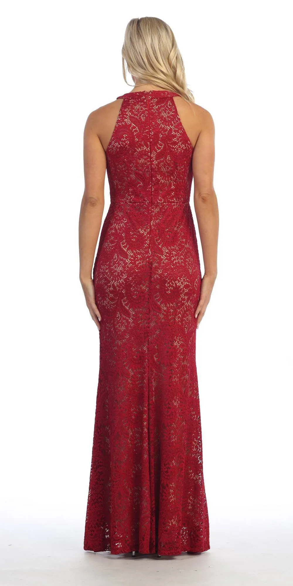 Celavie 6231 Halter Jeweled Neck and Waist Fit and Flare Lace Gown