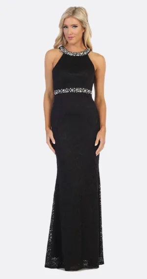 Celavie 6231 Halter Jeweled Neck and Waist Fit and Flare Lace Gown