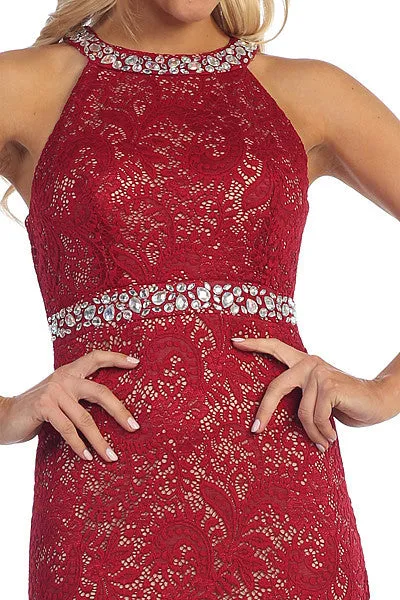 Celavie 6231 Halter Jeweled Neck and Waist Fit and Flare Lace Gown