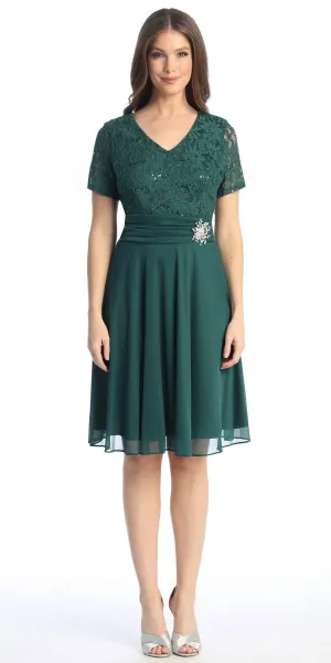 Celavie 6320-S Knee Length Dress With Short Sleeves Lace Bodice