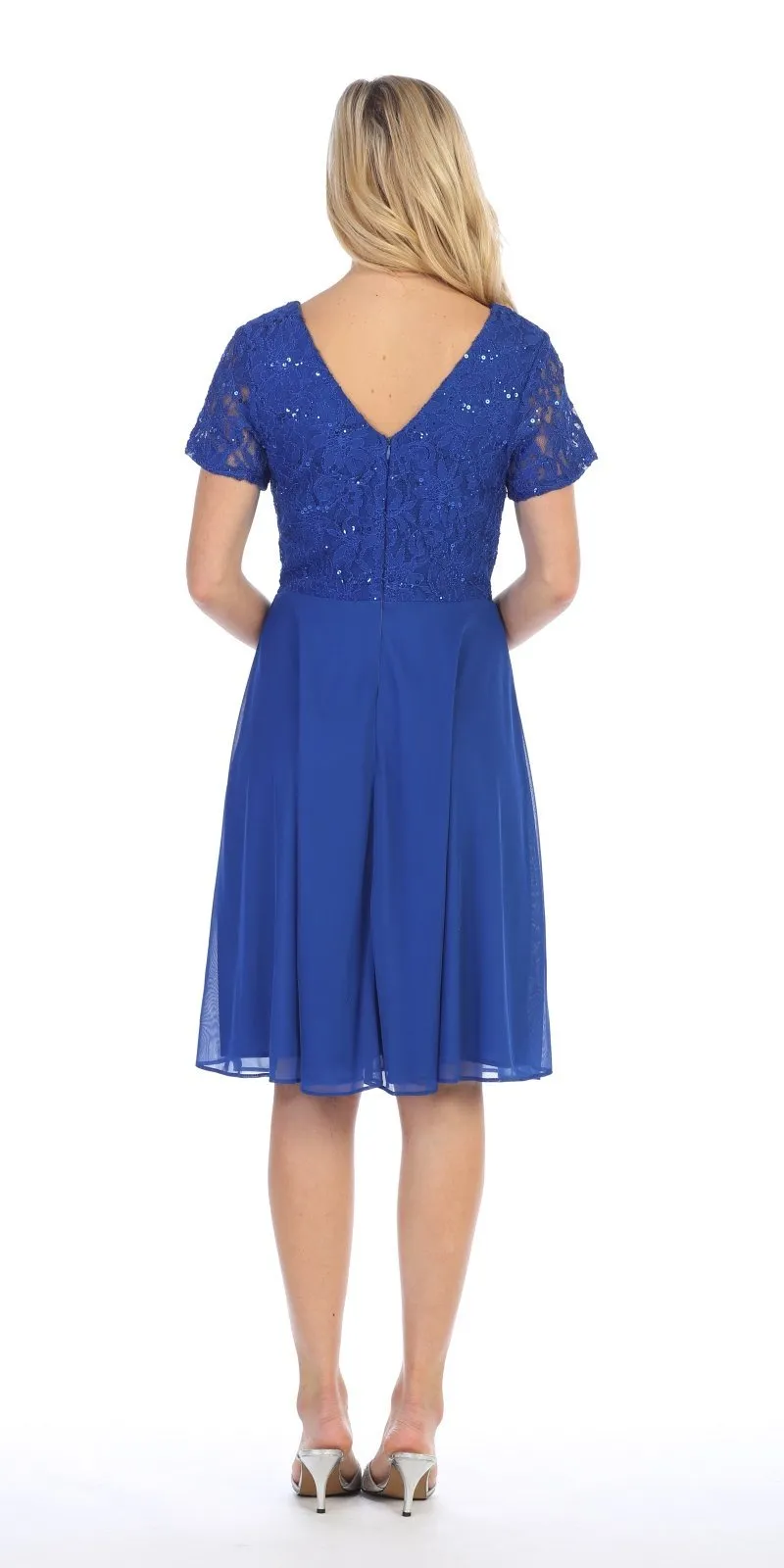 Celavie 6320-S Knee Length Dress With Short Sleeves Lace Bodice
