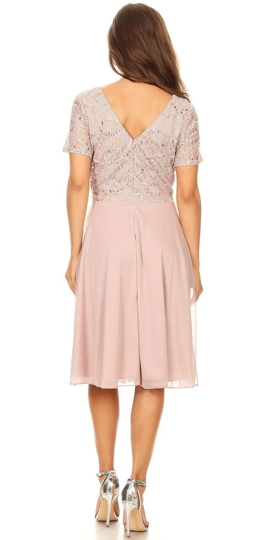 Celavie 6320-S Knee Length Dress With Short Sleeves Lace Bodice