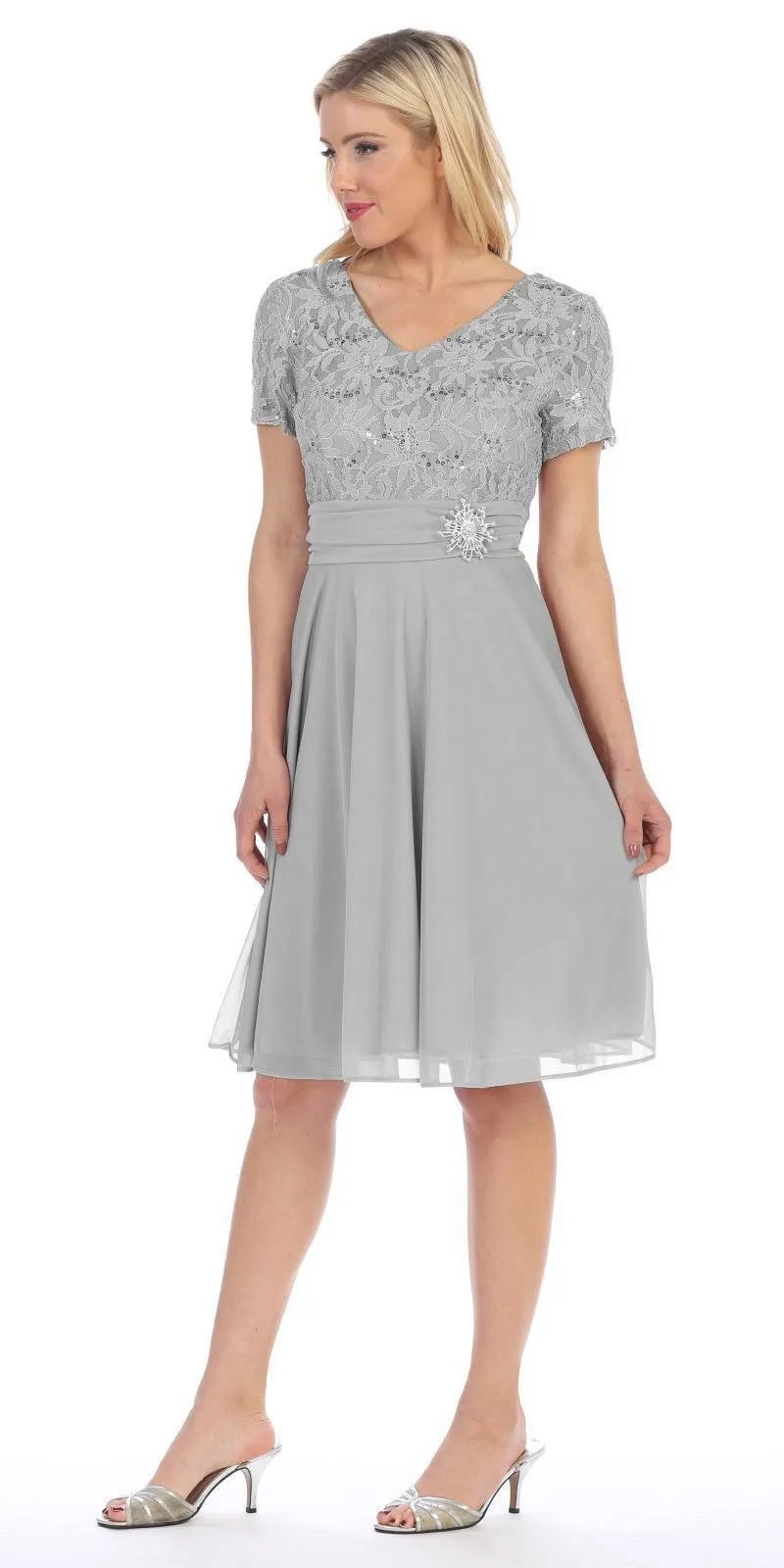 Celavie 6320-S Knee Length Dress With Short Sleeves Lace Bodice
