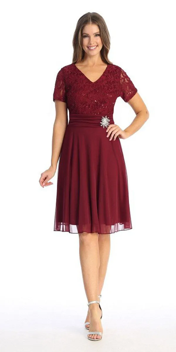 Celavie 6320-S Knee Length Dress With Short Sleeves Lace Bodice