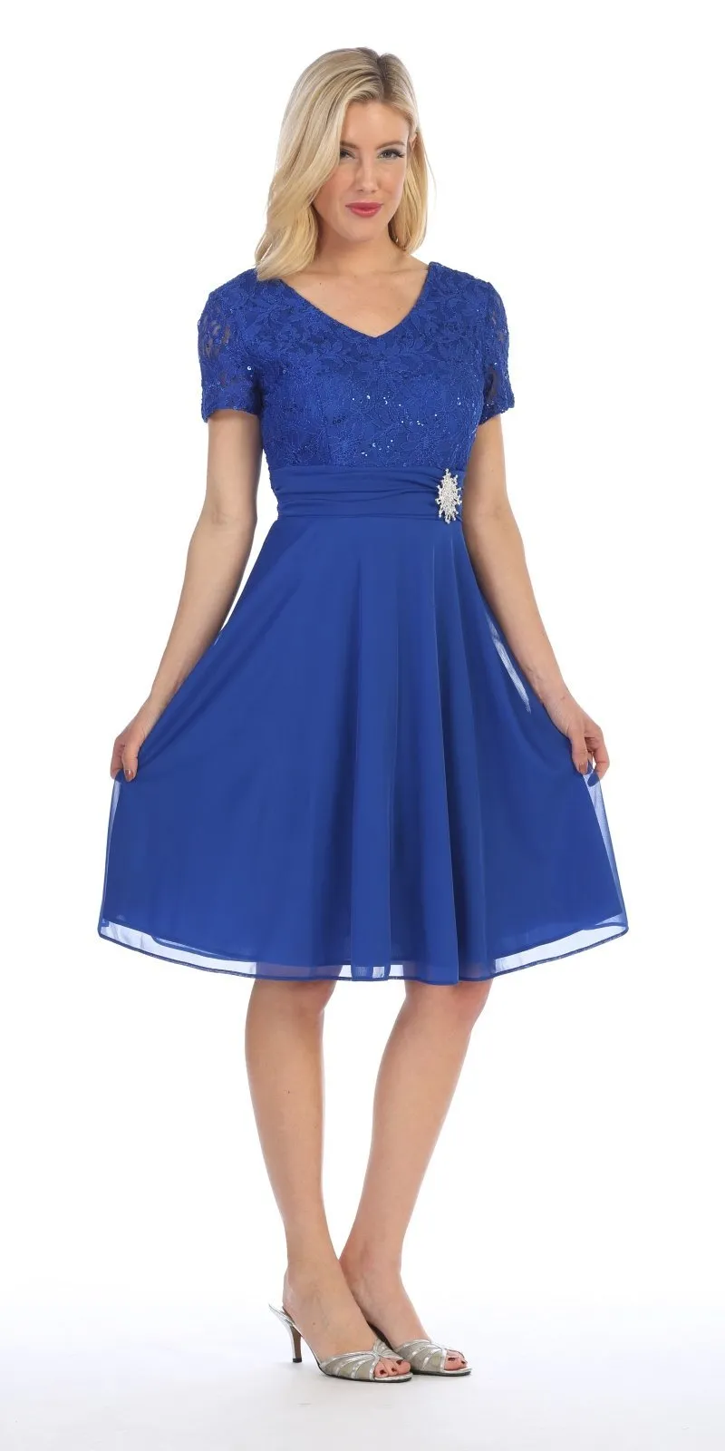 Celavie 6320-S Knee Length Dress With Short Sleeves Lace Bodice