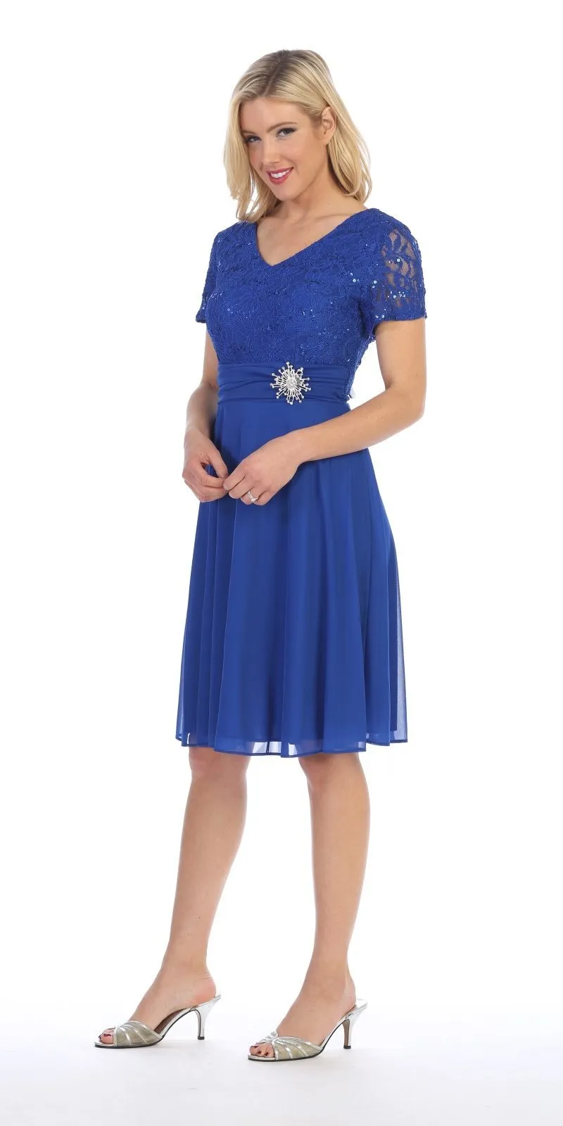 Celavie 6320-S Knee Length Dress With Short Sleeves Lace Bodice