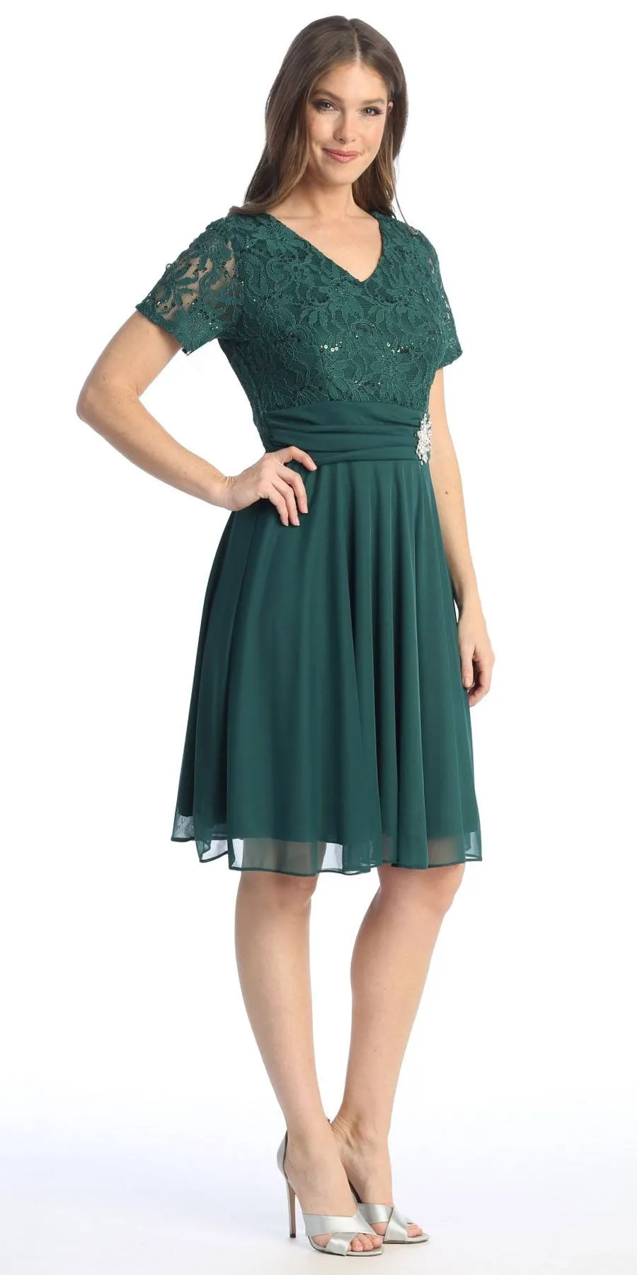 Celavie 6320-S Knee Length Dress With Short Sleeves Lace Bodice