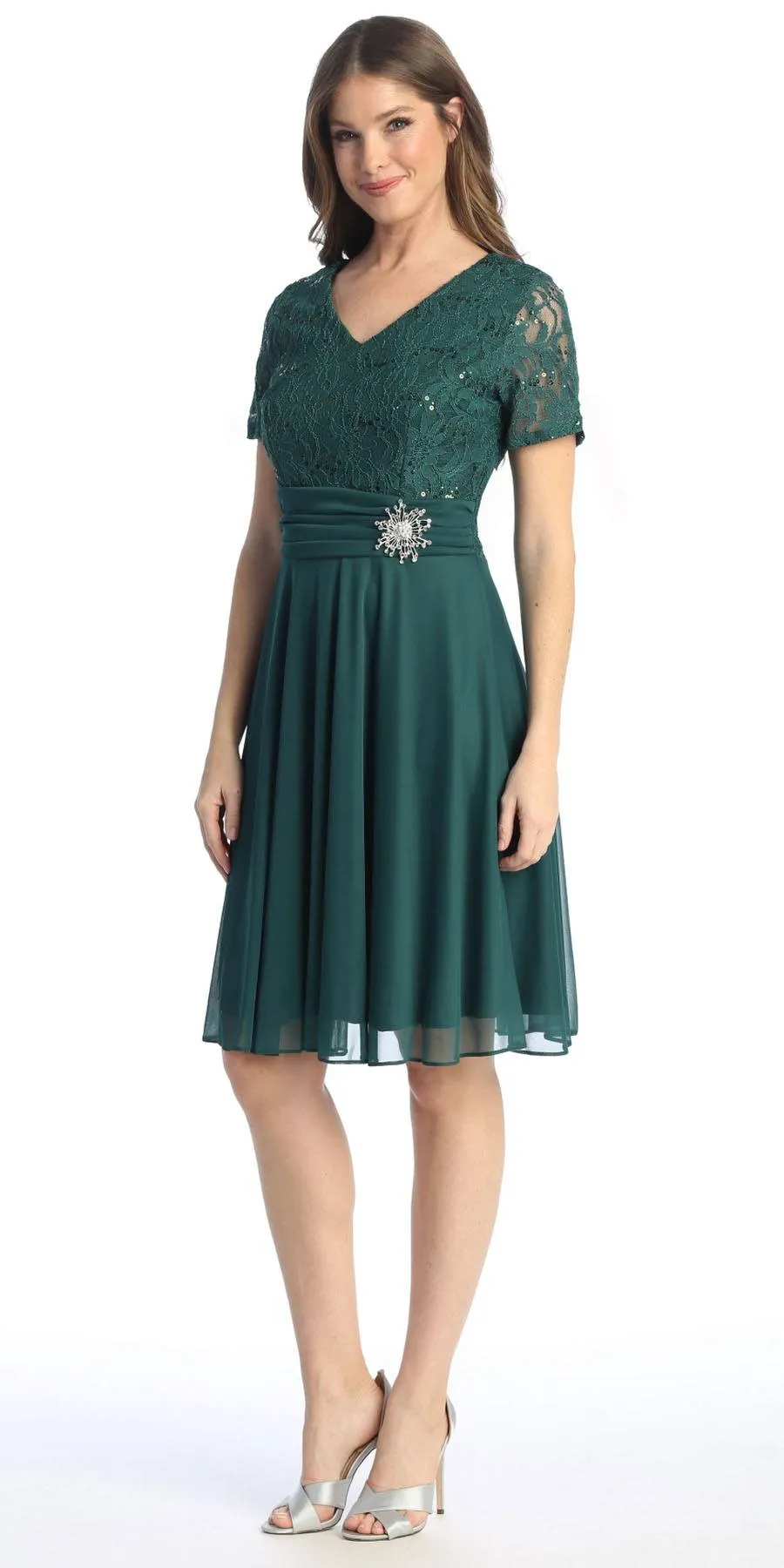 Celavie 6320-S Knee Length Dress With Short Sleeves Lace Bodice
