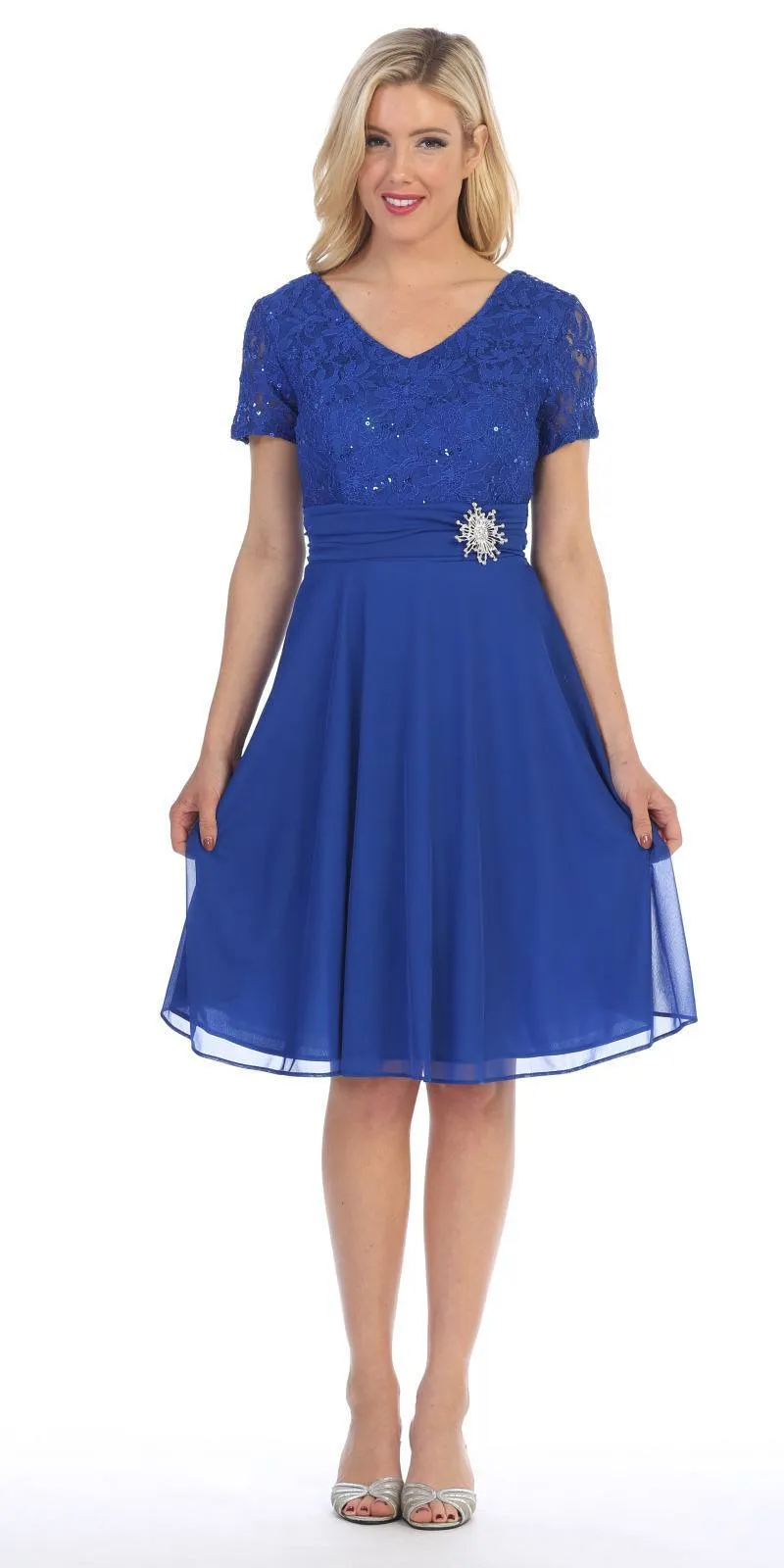 Celavie 6320-S Knee Length Dress With Short Sleeves Lace Bodice