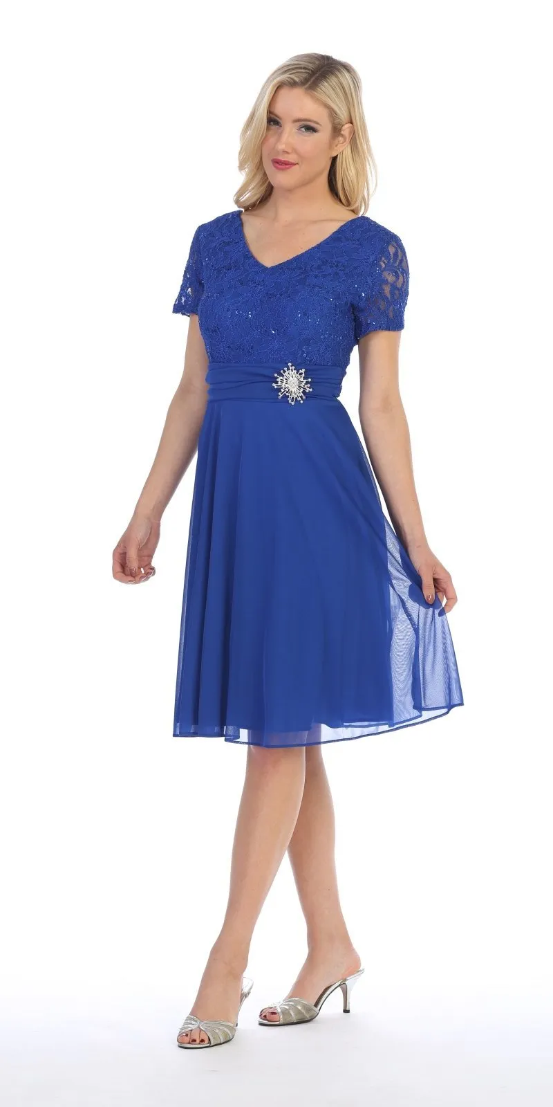Celavie 6320-S Knee Length Dress With Short Sleeves Lace Bodice