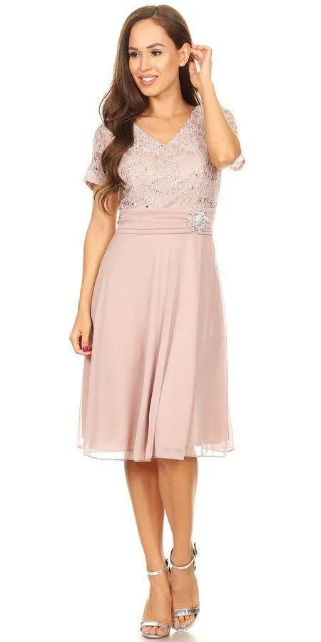 Celavie 6320-S Knee Length Dress With Short Sleeves Lace Bodice