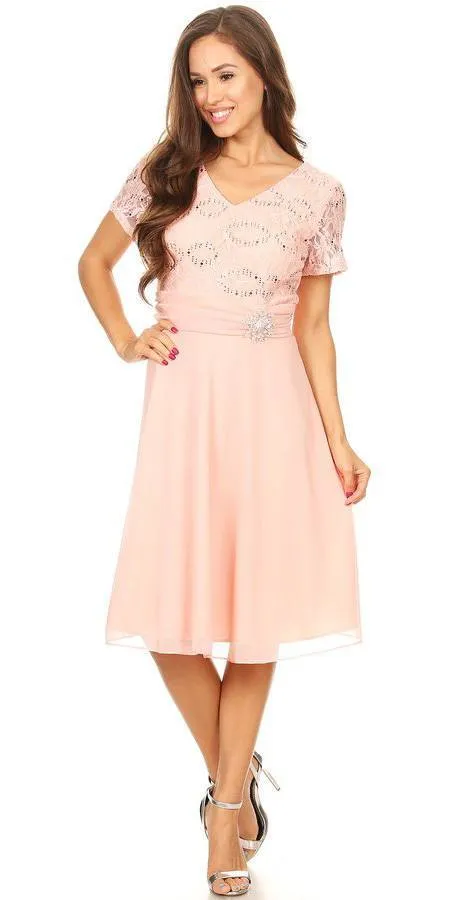 Celavie 6320-S Knee Length Dress With Short Sleeves Lace Bodice