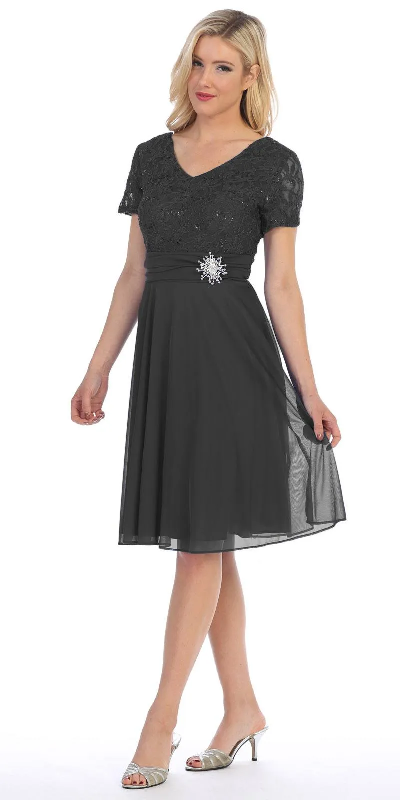 Celavie 6320-S Knee Length Dress With Short Sleeves Lace Bodice