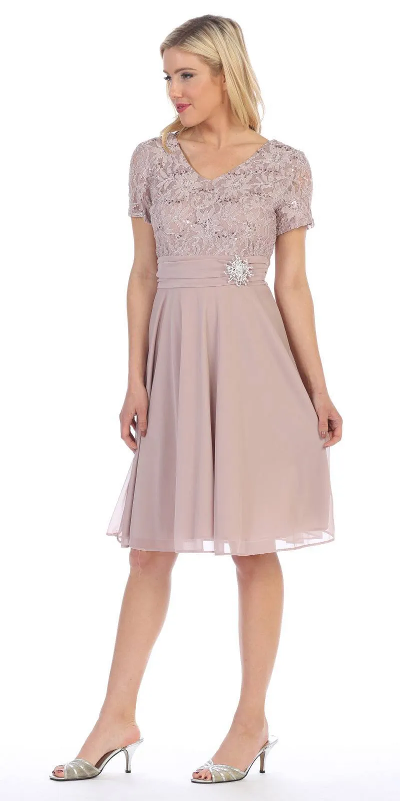 Celavie 6320-S Knee Length Dress With Short Sleeves Lace Bodice