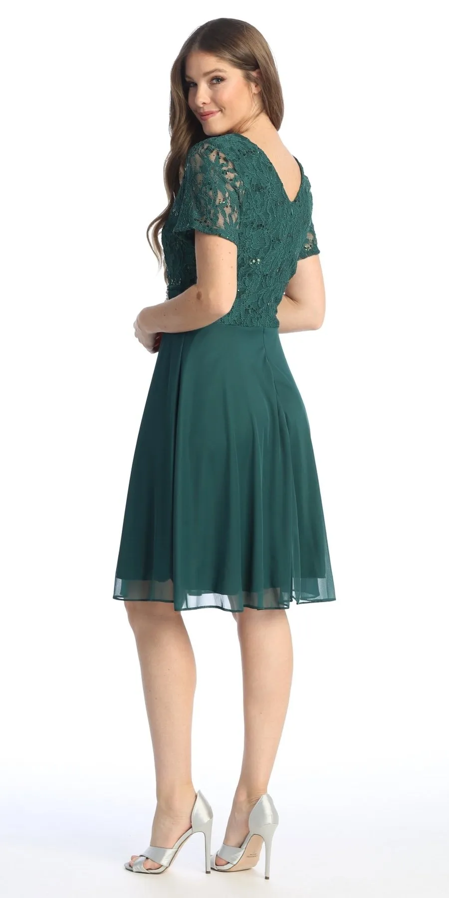 Celavie 6320-S Knee Length Dress With Short Sleeves Lace Bodice