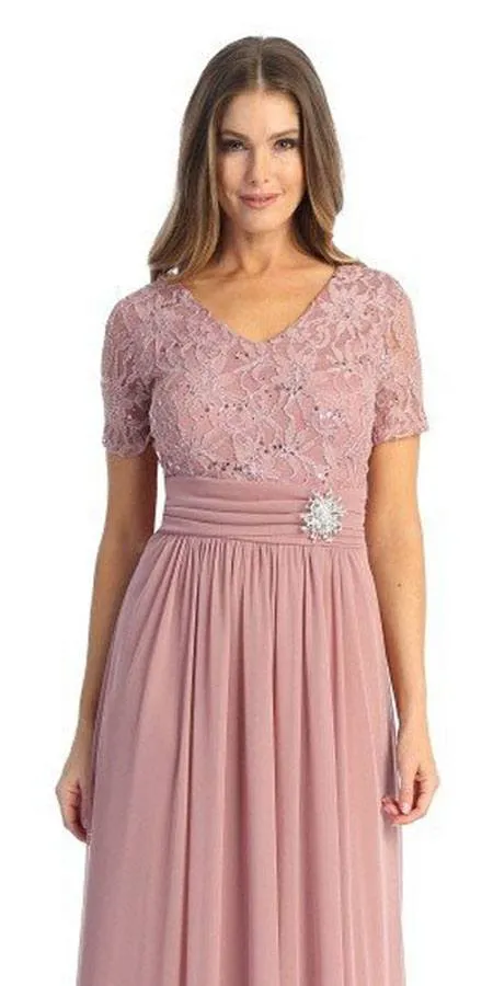 Celavie 6320-S Knee Length Dress With Short Sleeves Lace Bodice