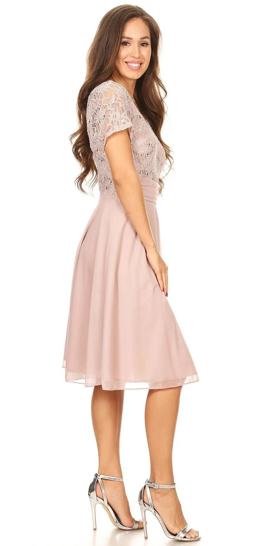 Celavie 6320-S Knee Length Dress With Short Sleeves Lace Bodice