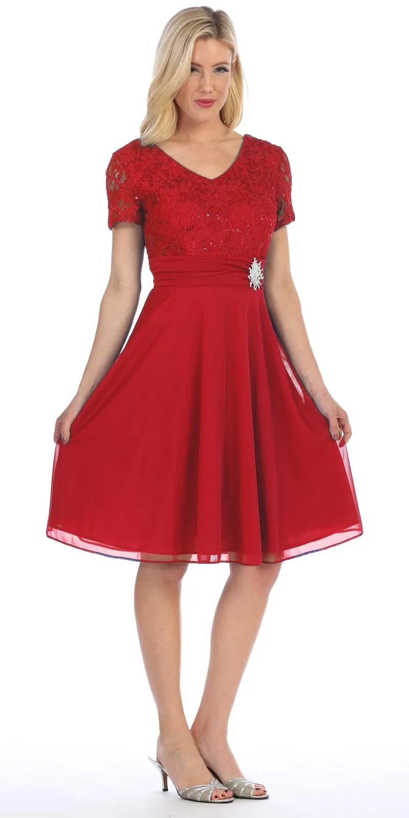 Celavie 6320-S Knee Length Dress With Short Sleeves Lace Bodice