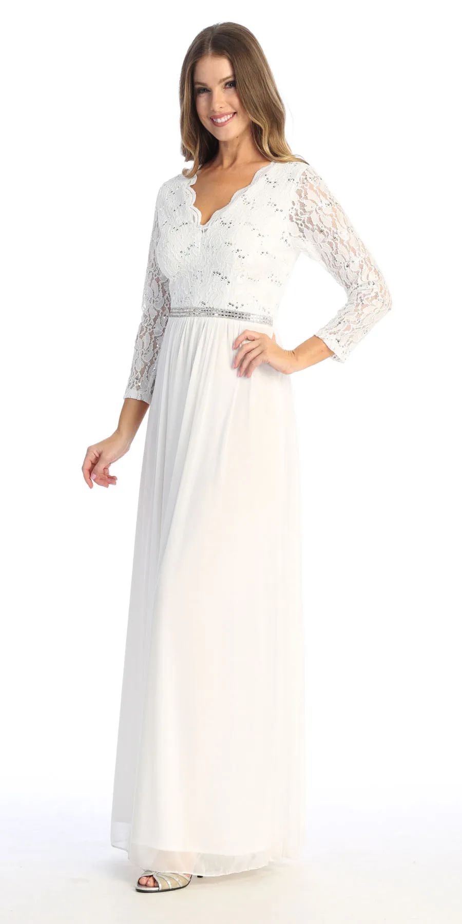Celavie 6527-L Long Sleeve Chiffon Dress V-Neckline