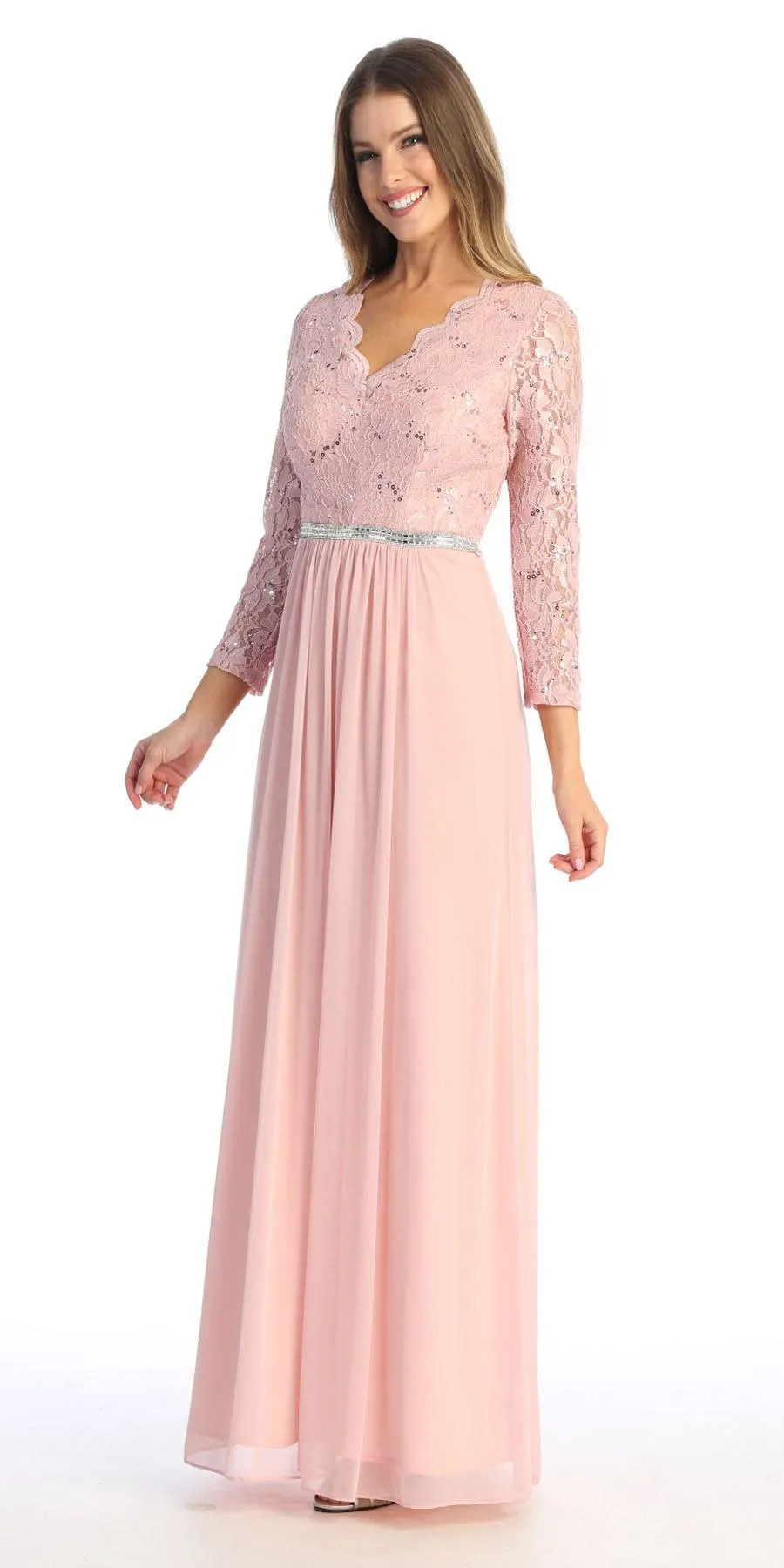 Celavie 6527-L Long Sleeve Chiffon Dress V-Neckline