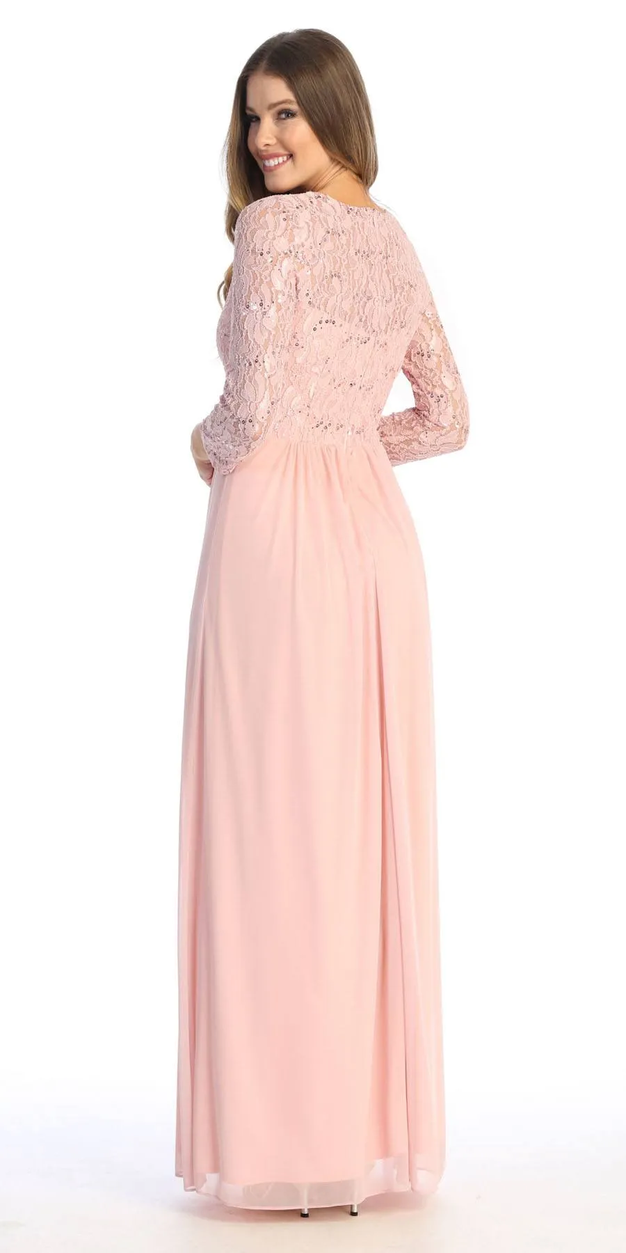 Celavie 6527-L Long Sleeve Chiffon Dress V-Neckline