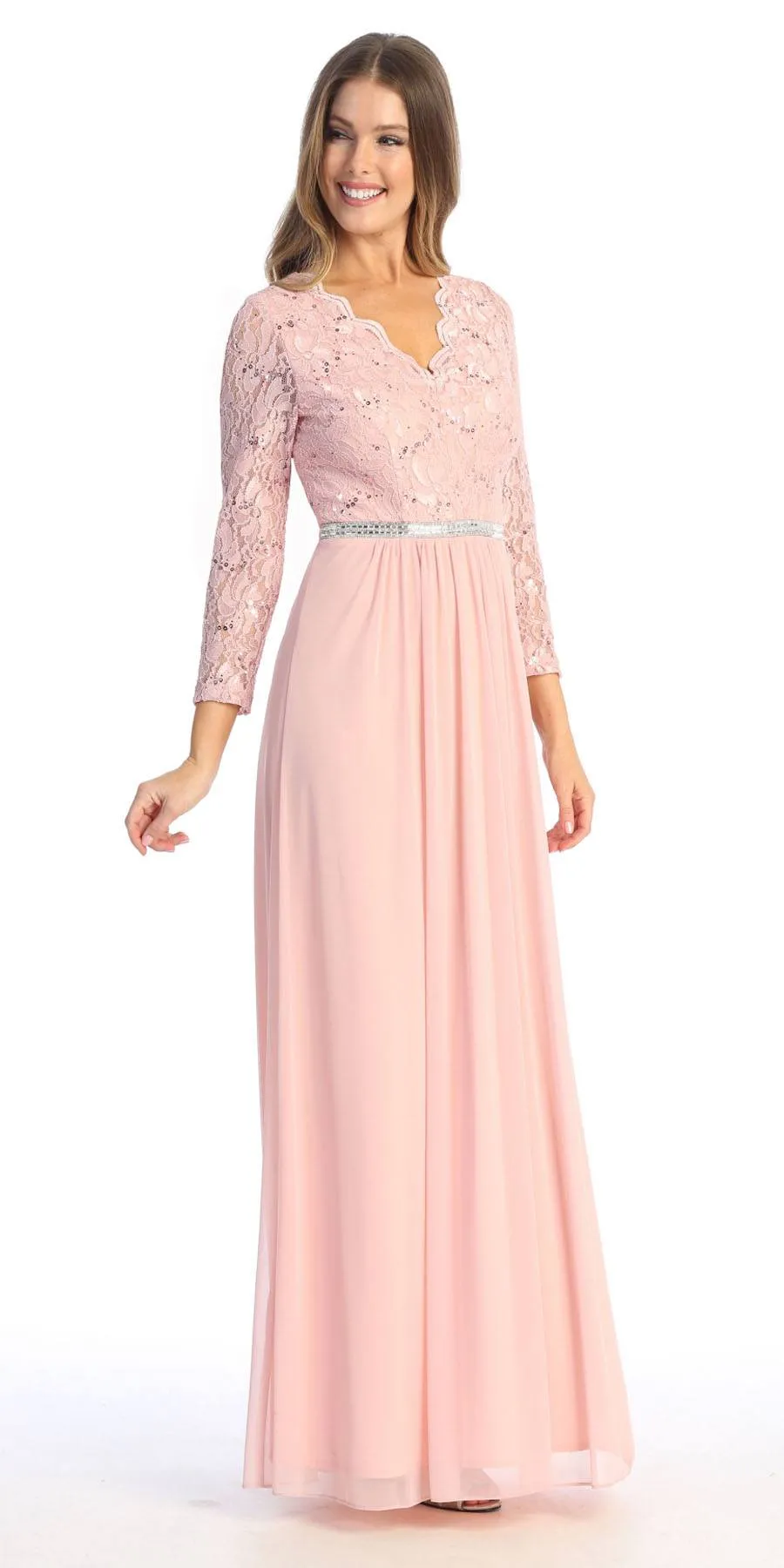 Celavie 6527-L Long Sleeve Chiffon Dress V-Neckline