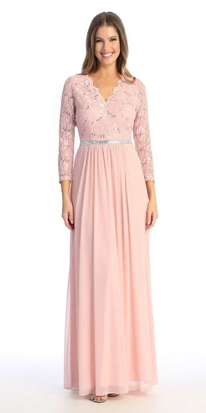 Celavie 6527-L Long Sleeve Chiffon Dress V-Neckline