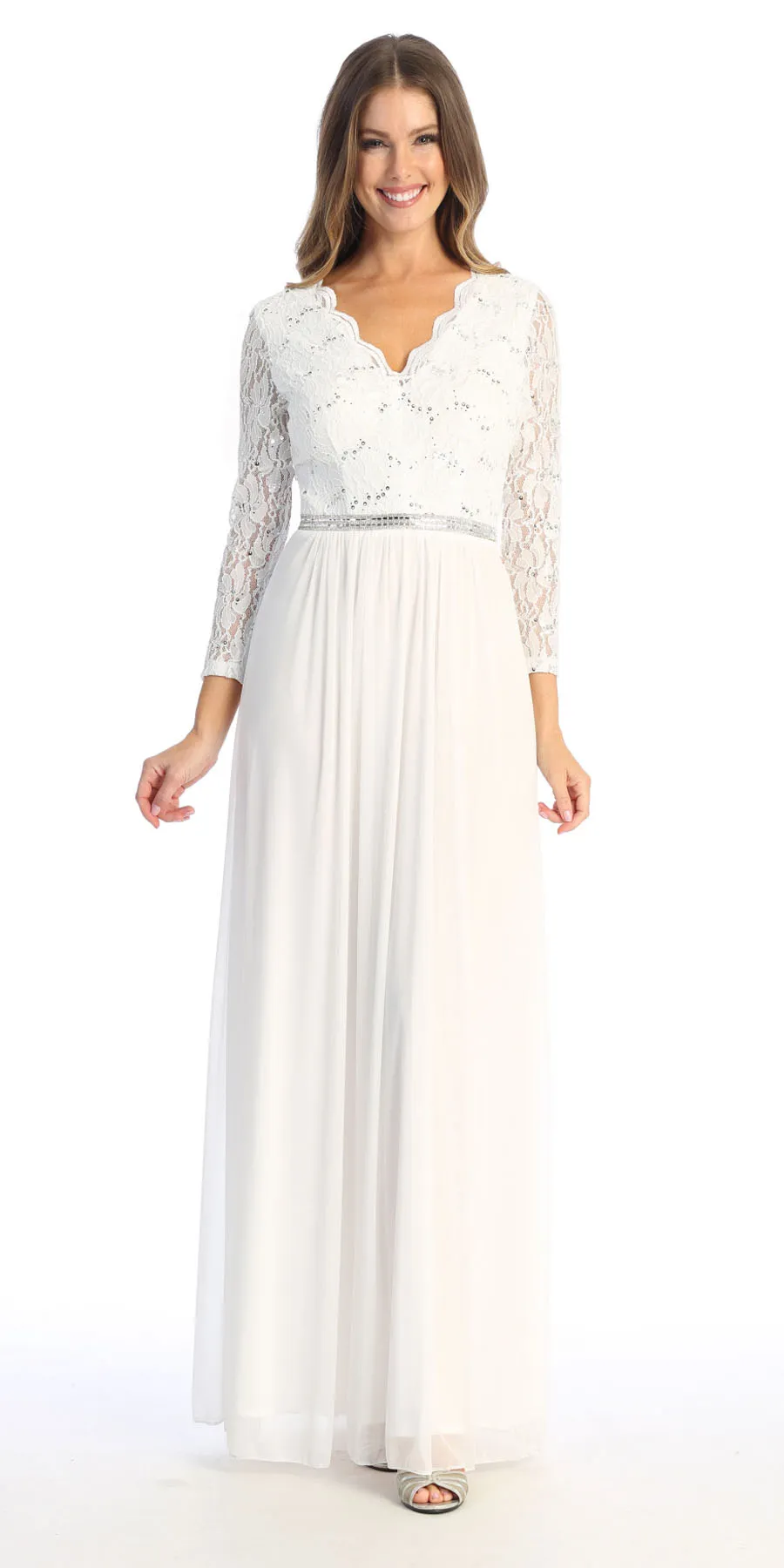 Celavie 6527-L Long Sleeve Chiffon Dress V-Neckline