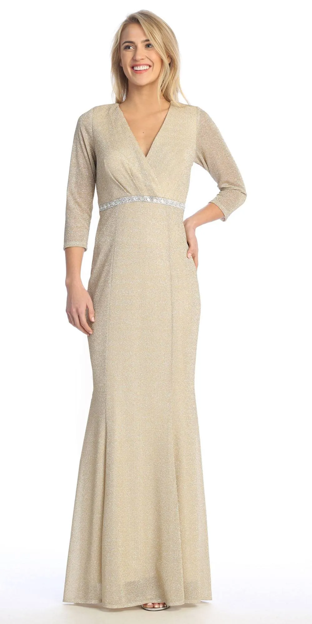 Celavie 6532-L Long Fitted Sheath Glitter Knit Dress V-Neckline