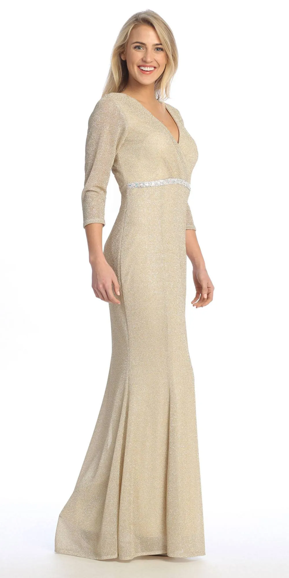 Celavie 6532-L Long Fitted Sheath Glitter Knit Dress V-Neckline