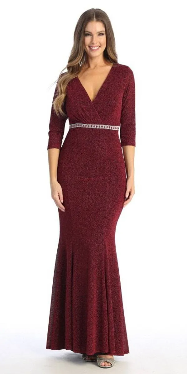 Celavie 6532-L Long Fitted Sheath Glitter Knit Dress V-Neckline